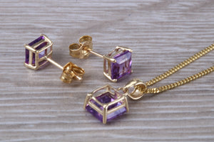 Square cut Amethyst Matching Earrings and Necklace set in Yellow Gold