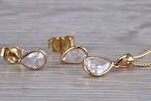 Load image into Gallery viewer, Tear Drop cut Yellow Gold C Z set Diamond Look Earrings and Matching Necklace