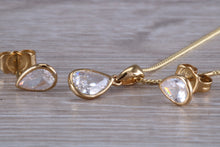 Load image into Gallery viewer, Tear Drop cut Yellow Gold C Z set Diamond Look Earrings and Matching Necklace