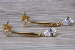 9ct Gold Pear Dropper C Z Stud Earrings