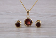 Load image into Gallery viewer, Round cut Garnet Earrings and Matching Necklace set in Yellow Gold