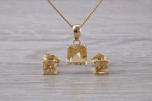 Load image into Gallery viewer, Square cut Citrine Earrings and Matching Necklace set in Yellow Gold
