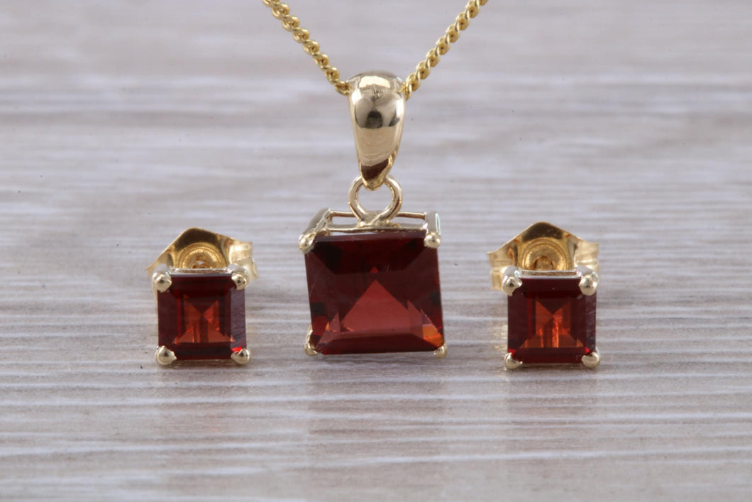 Square cut Garnet Earrings and Matching Necklace set in Yellow Gold