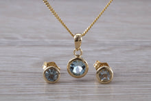Load image into Gallery viewer, Round cut Aquamarine Matching Earrings and Necklace set in Yellow Gold