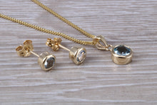 Load image into Gallery viewer, Round cut Aquamarine Matching Earrings and Necklace set in Yellow Gold