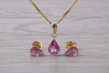 Load image into Gallery viewer, Tear Drop cut Pink Sapphire Earrings and Matching Necklace set in Yellow Gold