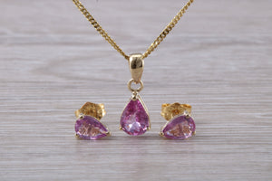 Tear Drop cut Pink Sapphire Earrings and Matching Necklace set in Yellow Gold