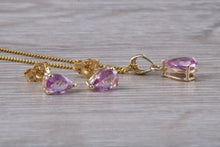 Load image into Gallery viewer, Tear Drop cut Pink Sapphire Earrings and Matching Necklace set in Yellow Gold