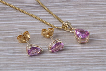 Load image into Gallery viewer, Tear Drop cut Pink Sapphire Earrings and Matching Necklace set in Yellow Gold