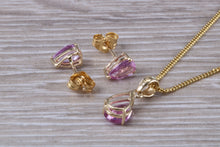 Load image into Gallery viewer, Tear Drop cut Pink Sapphire Earrings and Matching Necklace set in Yellow Gold