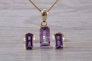 Baguette cut Amethyst Necklace and Matching Earrings set Yellow Gold