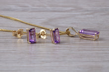 Load image into Gallery viewer, Baguette cut Amethyst Necklace and Matching Earrings set Yellow Gold