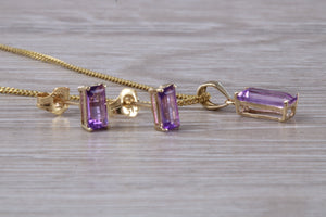 Baguette cut Amethyst Necklace and Matching Earrings set Yellow Gold