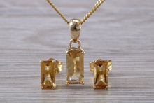Load image into Gallery viewer, Baguette cut Citrine Earrings and Matching Necklace set Yellow Gold