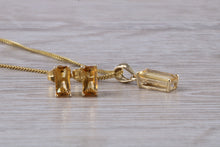 Load image into Gallery viewer, Baguette cut Citrine Earrings and Matching Necklace set Yellow Gold