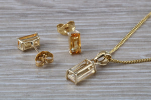 Baguette cut Citrine Earrings and Matching Necklace set Yellow Gold