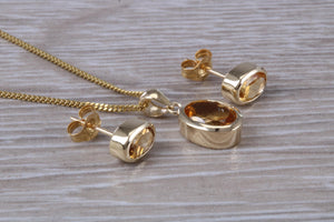Oval cut Citrine Earrings and Matching Necklace set in Yellow Gold