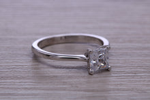 Load image into Gallery viewer, One carat Diamond Solitaire. Princess cut Moissanite Diamond set in your choice of Platinum or 18ct Yellow Gold