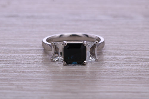 Emerald cut Blue and White Sapphire Trilogy set Platinum Ring