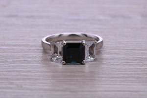 Emerald cut Blue and White Sapphire Trilogy set Platinum Ring