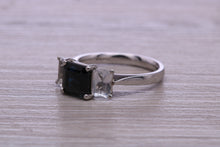 Load image into Gallery viewer, Emerald cut Blue and White Sapphire Trilogy set Platinum Ring