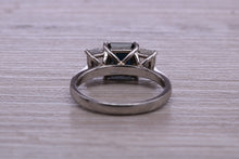 Load image into Gallery viewer, Emerald cut Blue and White Sapphire Trilogy set Platinum Ring