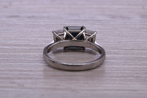 Emerald cut Blue and White Sapphire Trilogy set Platinum Ring