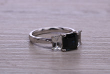 Load image into Gallery viewer, Emerald cut Blue and White Sapphire Trilogy set Platinum Ring