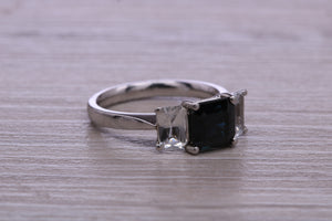 Emerald cut Blue and White Sapphire Trilogy set Platinum Ring