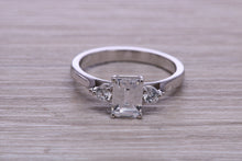 Load image into Gallery viewer, Emerald and Round cut Moissanite Diamonds set Trilogy Ring