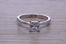Load image into Gallery viewer, One carat Diamond Solitaire. Princess cut Moissanite Diamond set in your choice of Platinum or 18ct Yellow Gold