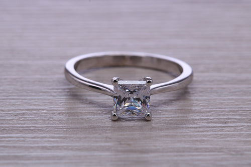One carat Diamond Solitaire. Princess cut Moissanite Diamond set in your choice of Platinum or 18ct Yellow Gold
