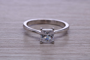 One carat Diamond Solitaire. Princess cut Moissanite Diamond set in your choice of Platinum or 18ct Yellow Gold