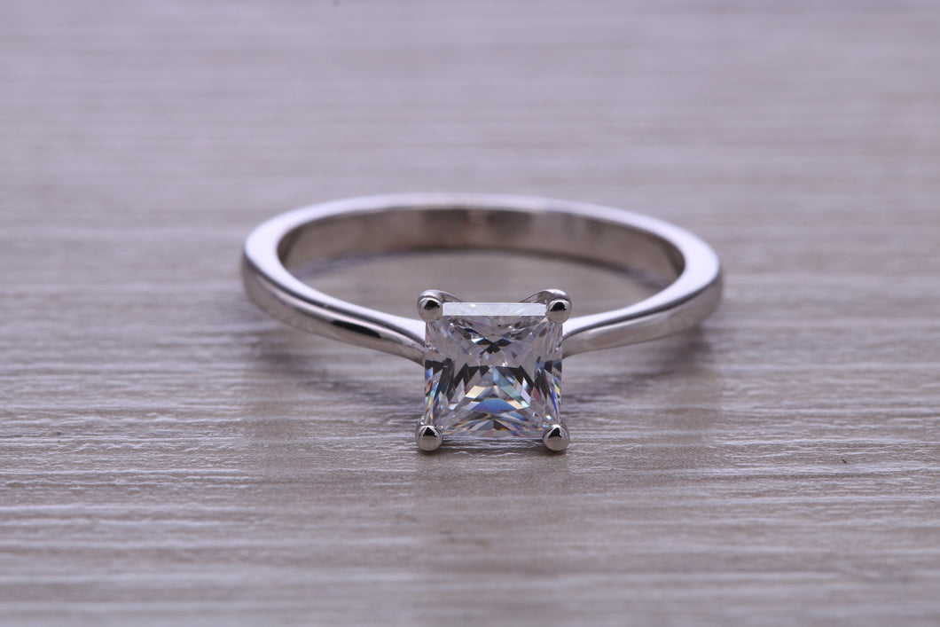 One carat Diamond Solitaire. Princess cut Moissanite Diamond set in your choice of Platinum or 18ct Yellow Gold