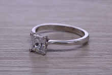 Load image into Gallery viewer, One carat Diamond Solitaire. Princess cut Moissanite Diamond set in your choice of Platinum or 18ct Yellow Gold