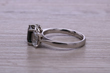 Load image into Gallery viewer, Emerald cut Blue and White Sapphire Trilogy set Platinum Ring
