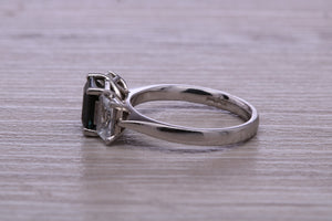 Emerald cut Blue and White Sapphire Trilogy set Platinum Ring