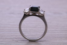 Load image into Gallery viewer, Emerald cut Blue and White Sapphire Trilogy set Platinum Ring