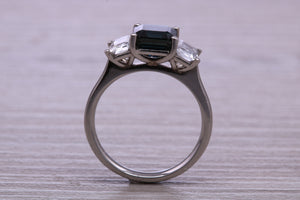Emerald cut Blue and White Sapphire Trilogy set Platinum Ring