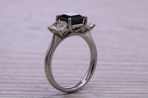 Emerald cut Blue and White Sapphire Trilogy set Platinum Ring