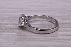 Emerald and Round cut Moissanite Diamonds set Trilogy Ring