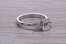 Load image into Gallery viewer, Emerald and Round cut Moissanite Diamonds set Trilogy Ring