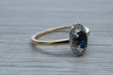 Load image into Gallery viewer, Beautiful Halo set Blue Sapphire and Diamond Ring