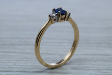 Load image into Gallery viewer, Petite Blue Sapphire and Diamond Trilogy Ring