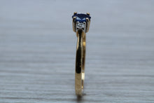 Load image into Gallery viewer, Petite Blue Sapphire and Diamond Trilogy Ring