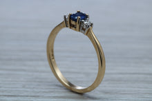 Load image into Gallery viewer, Petite Blue Sapphire and Diamond Trilogy Ring