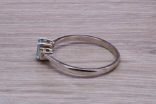 Load image into Gallery viewer, Petite Blue topaz and Diamond set White Gold Trilogy Ring