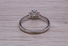 Load image into Gallery viewer, Petite Blue topaz and Diamond set White Gold Trilogy Ring