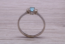 Load image into Gallery viewer, Petite Blue topaz and Diamond set White Gold Trilogy Ring