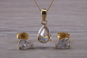 Tear Drop cut Yellow Gold C Z set Diamond Look Earrings and Matching Necklace